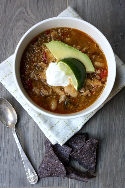 Easy crockpot salsa verde turkey chili.