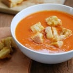 Homemade Tomato Soup with Grilled Cheese Croutons {recipe on simplyhappenstance.com}