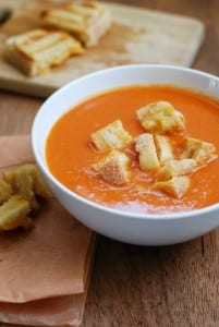 Homemade Tomato Soup with Grilled Cheese Croutons {recipe on simplyhappenstance.com}