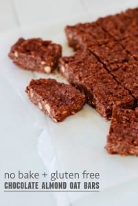 No Bake + Gluten Free Chocolate Almond Oat Bars {recipe via simplyhappenstance.com}