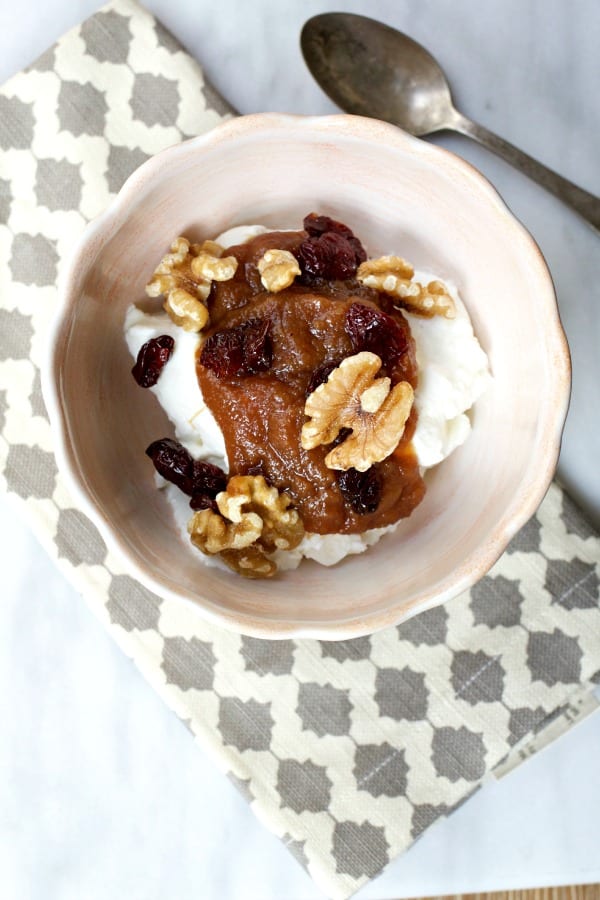 Breakfast! Pear Apple Butter over greek yogurt topped with dried cherries and walnuts.