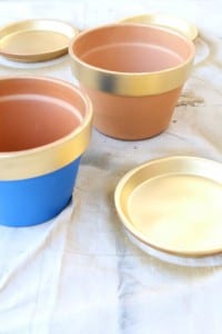spray painted pots painted blue and gold