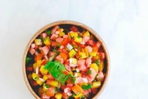Watermelon Salsa - a deliciously simple appetizer perfect for all of your summer festivities! (Recipe on simplyhappenstance.com)! #FourthofJuly #HomemadeSalsa #Watermelon