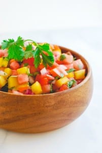 Watermelon Salsa - a deliciously simple appetizer perfect for all of your summer festivities! (Recipe on simplyhappenstance.com)! #FourthofJuly #HomemadeSalsa #Watermelon