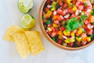 Watermelon Salsa - a deliciously simple appetizer perfect for all of your summer festivities! (Recipe on simplyhappenstance.com)! #FourthofJuly #HomemadeSalsa #Watermelon