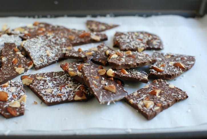 dark chocolate with roasted almonds, coconut and sea salt (recipe on simplyhappenstance.com)