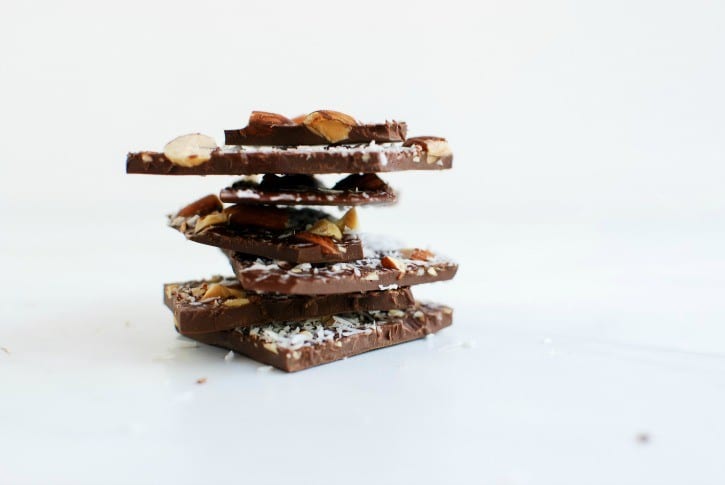 homemade dark chocolate with roasted almonds, coconut + sea salt (simplyhappenstance.com)